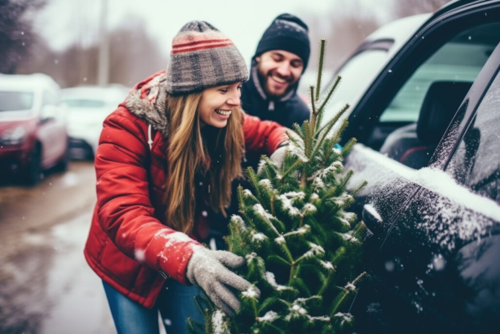 Happy young couple putting a tree with sod in the car, preparing for the Christmas and New Year holidays.